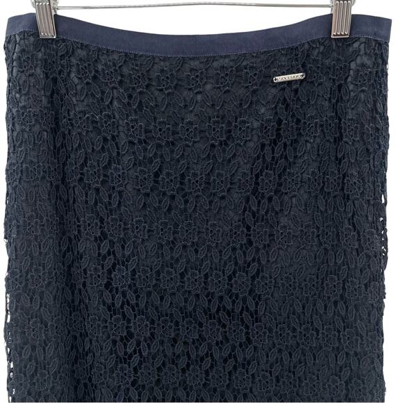 Marella Floral Lace Overlay Navy 100% Viscose Elegant Luxury Pencil Skirt Size 8